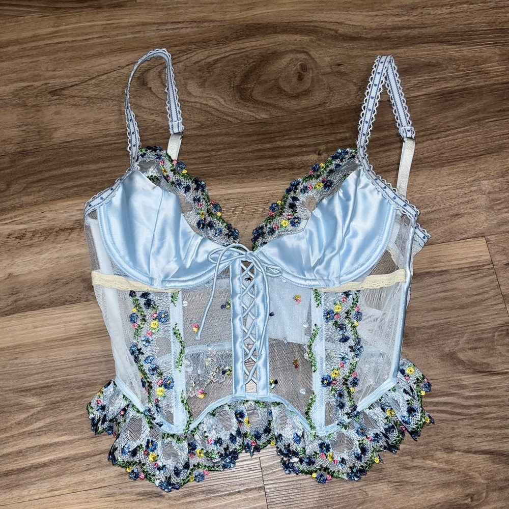 Floral Embroidered Lace Corset Top with heart pins